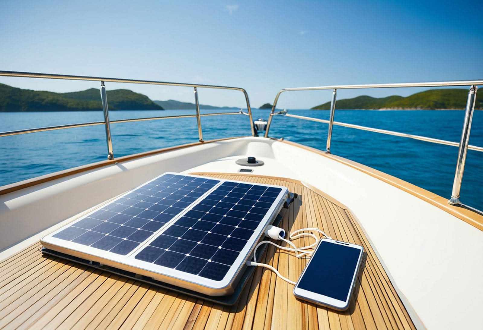 Solar charging setup on a yacht in the Whitsundays with a mobile device plugged in