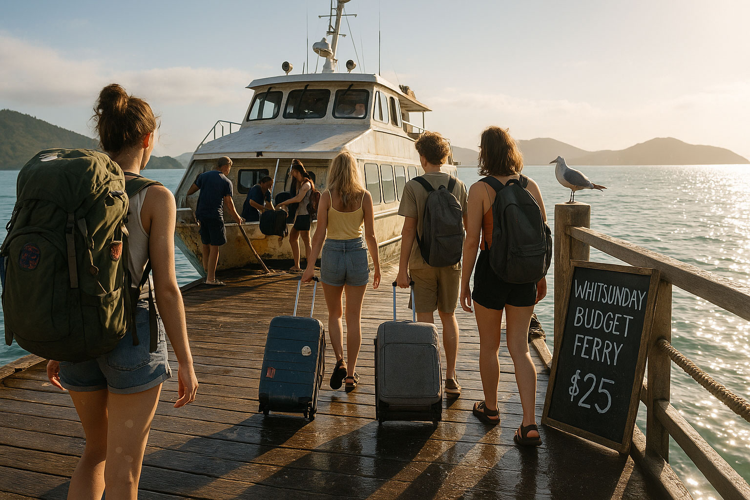 Young travelers with backpacks and suitcases board a budget ferry to the Whitsunday Islands at sunrise on an Australian dock. Weathered wood, a chalkboard fare sign, and distant green islands highlight affordable adventure. Crew loads luggage as golden light sparkles on the water.