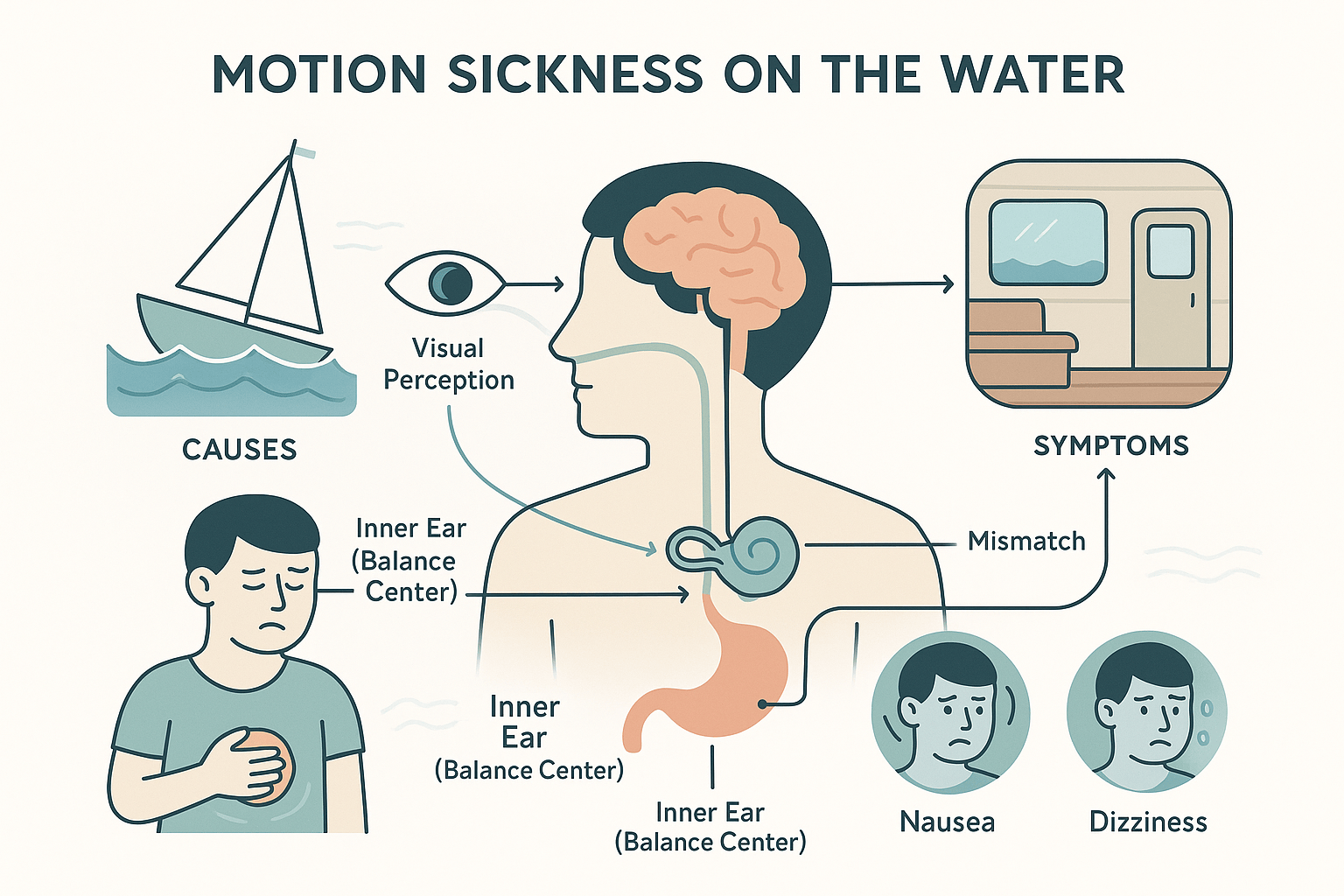 Educational infographic showing motion sickness on the water with a cutaway of the human inner ear, brain, and stomach. Includes labeled vectors, boats on waves, visual and vestibular signals, symptom icons for nausea, dizziness, and cold sweat, and clear section headings.
